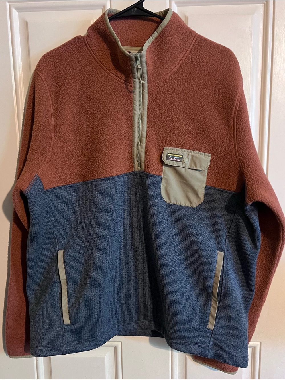 L.L. Bean Two-Tone Color Block Quarter Zip Fleece Pocket Pullover - Rust & Blue